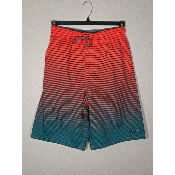 Nike Men's Size Medium Green Orange Ombre Striped Mesh Lined Board Shorts - Picture 1 of 6